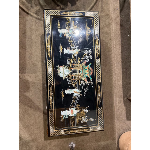 Chinoiserie Vintage Black Chinoiserie Coffee Table With Shellwork & Glass Top For Sale - Image 3 of 10