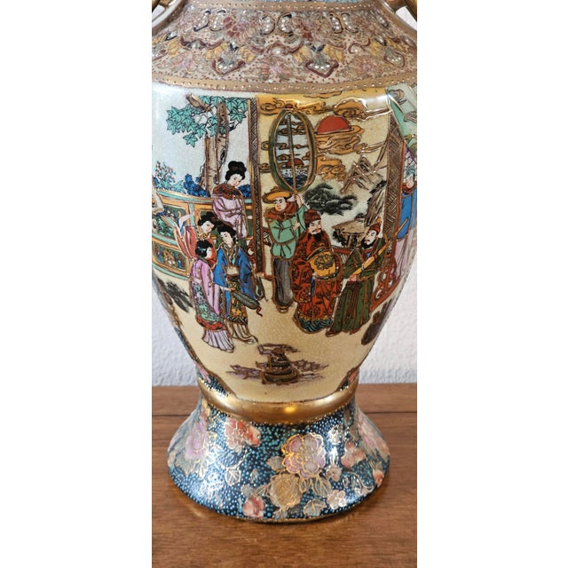 Ceramic Vintage Royal Satsuma Hand-Painted Porcelain Urn Vase With Moriage & Gilt Handles For Sale - Image 7 of 17