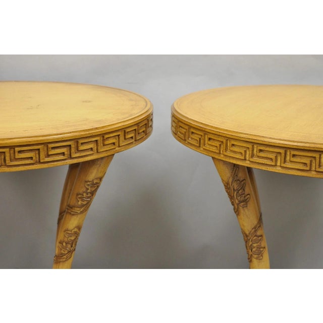 Vintage Italian Regency Round Leather Top Greek Key Carved Side Tables - A Pair For Sale - Image 9 of 15