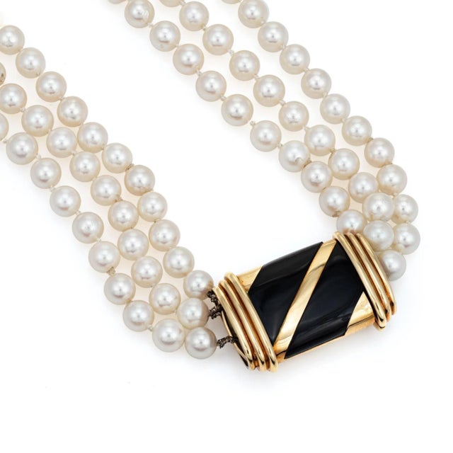 Cartier Mid 20th Century Vintage Cartier Cultured Pearl Necklace Triple Strand 6mm 18k Gold Onyx Clasp For Sale - Image 4 of 4
