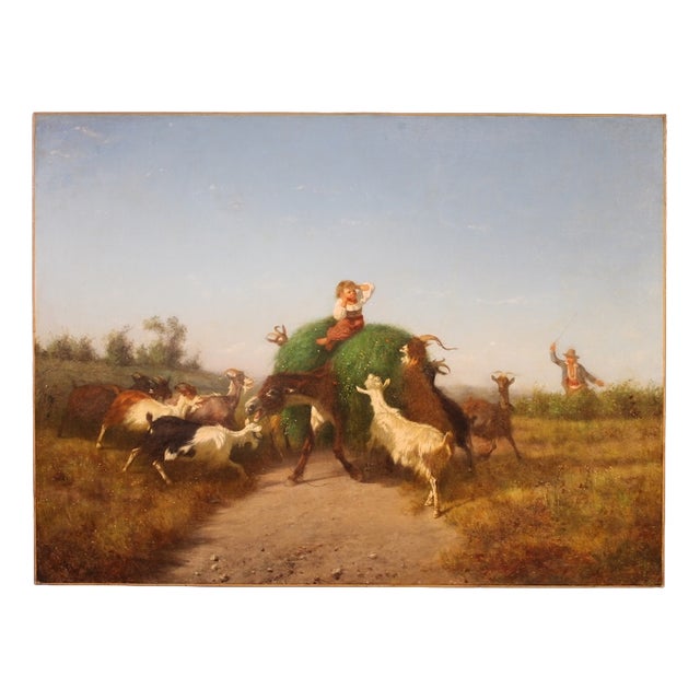 Filippo Palizzi, Pastoral Genre Scene Painting, the Defense of the Grass, 1880, Oil on Canvas For Sale