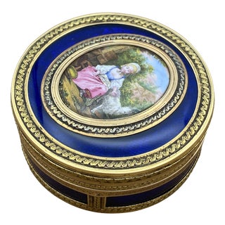 18th Century Circular Snuffbox in Gold, Enamel and Miniature with Bucolic Scene, 1800s For Sale