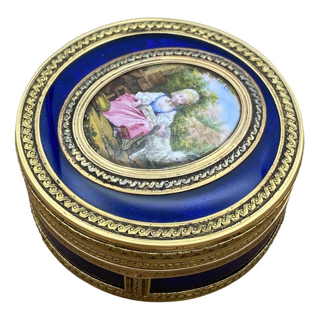 18th Century Circular Snuffbox in Gold, Enamel and Miniature with Bucolic Scene, 1800s For Sale