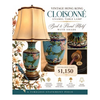 Vintage Hong Kong Cloisonné Enamel Bird & Floral Table Lamp With Shade For Sale