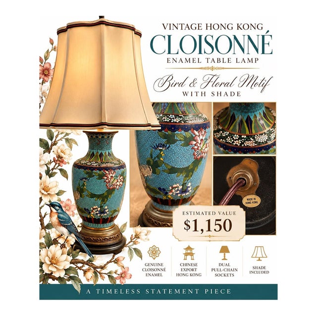 Vintage Hong Kong Cloisonné Enamel Bird & Floral Table Lamp With Shade For Sale