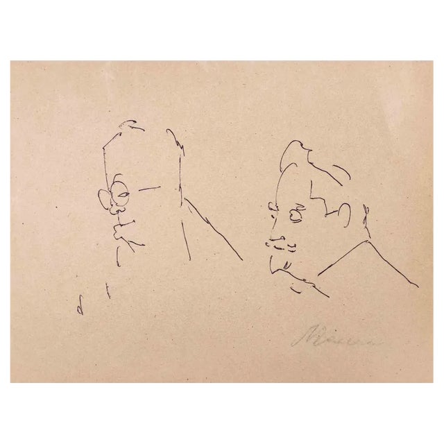 Mino Maccari, Portraits, Pen Drawing, 1960s For Sale