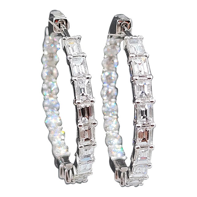 3.25 Ct Emerald & Round Diamond Hoop Earrings- Set of 2 For Sale