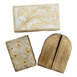 1950s Florentine Wood Pieces; Box, Triptych - Set of 3 For Sale