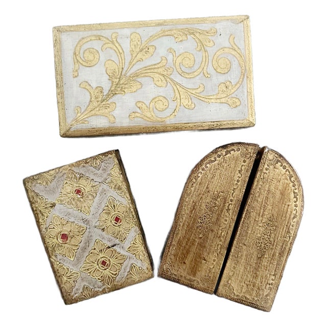 1950s Florentine Wood Pieces; Box, Triptych - Set of 3 For Sale