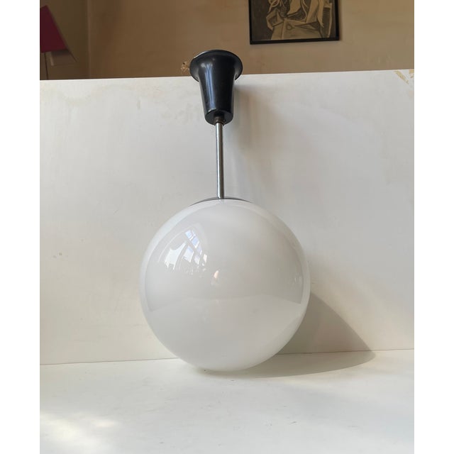 Metal Danish Bauhaus White Opaline Glass Globe Pendant Lamp from Lyfa, 1930s For Sale - Image 7 of 7