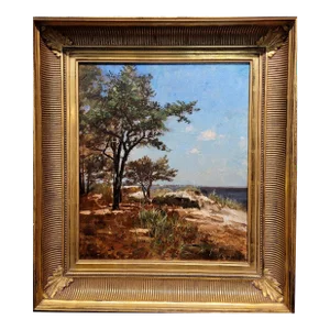 Joseph Lyman- Newport Rhode Island Shore Landscape-19th Century Oil Painting