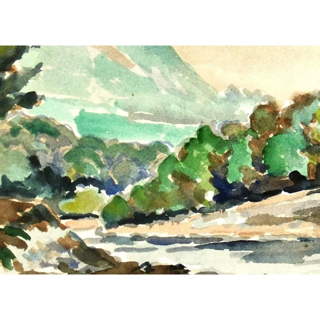 Serene watercolor landscape painting of river valley by French artist Tae, circa 1950. Original artwork on paper displayed...