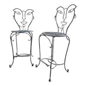 Late 20th Century John Risley Wrought Iron Hers and Hers Bar Stools Chairs, Attributed - Set of 2