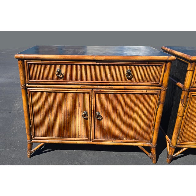 Pair of Vintage Baker Furniture Bamboo Rattan Nightstands Black Lacquer Cabinets For Sale In Los Angeles - Image 6 of 18