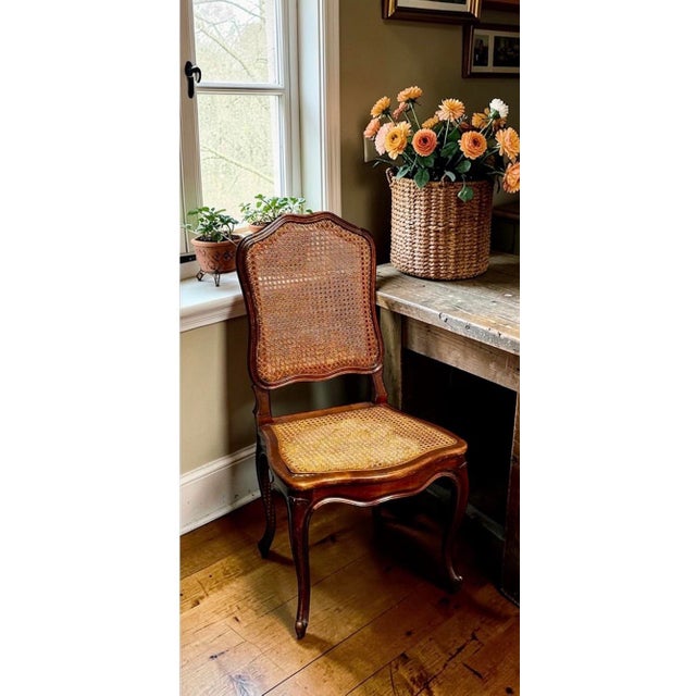 Set of 4 Mid 20th Century French Louis XV Style Walnut Caned Dining Chairs — Handwoven Cane Seats & Backs For Sale - Image 11 of 12