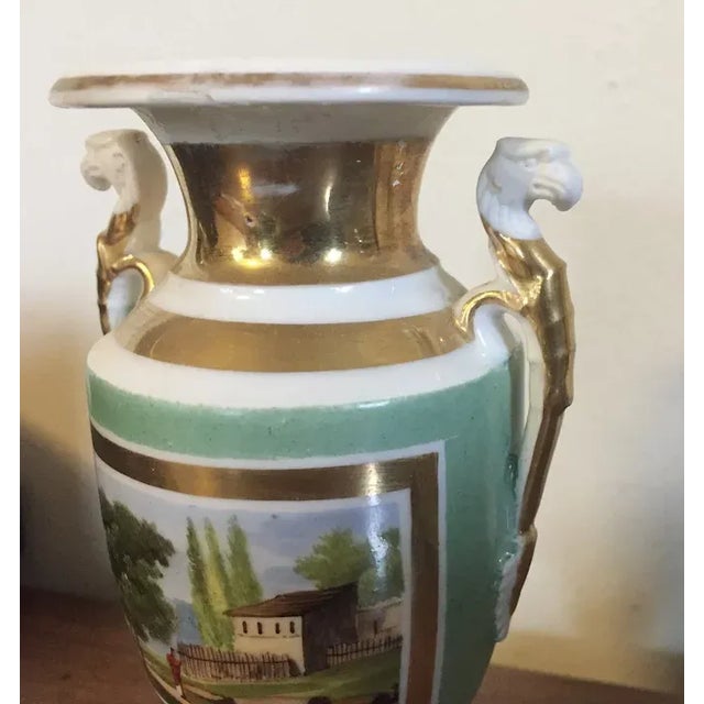 Gold 1820 French Empire Porcelain Vase Decorated with Landscape Scene and Trophies For Sale - Image 8 of 13