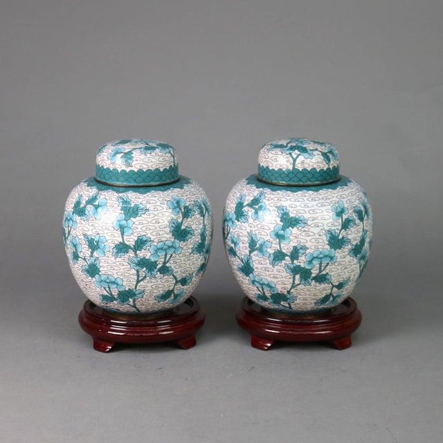 Chinese Pair of Antique Chinese Cloisonne Floral Enameled Covered Urns C1930 For Sale - Image 3 of 10