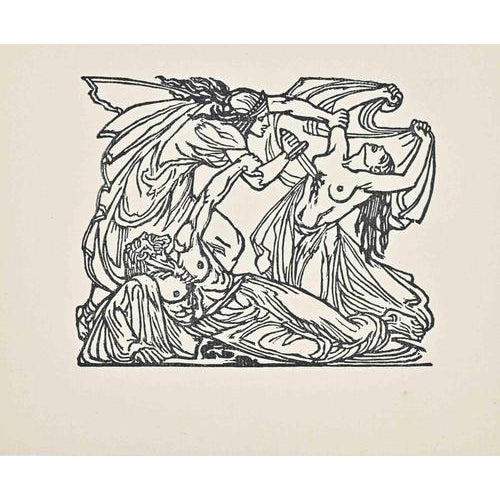 Woodcut print on paper. Not signed. Very good condition. This charming vignette serves as an architectural text accent...