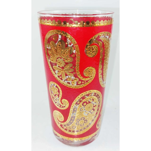 1960s Set 8 MCM Culver 22k Gold & Red Paisley Highball Glasses Tumblers W/ Carrier For Sale - Image 5 of 9