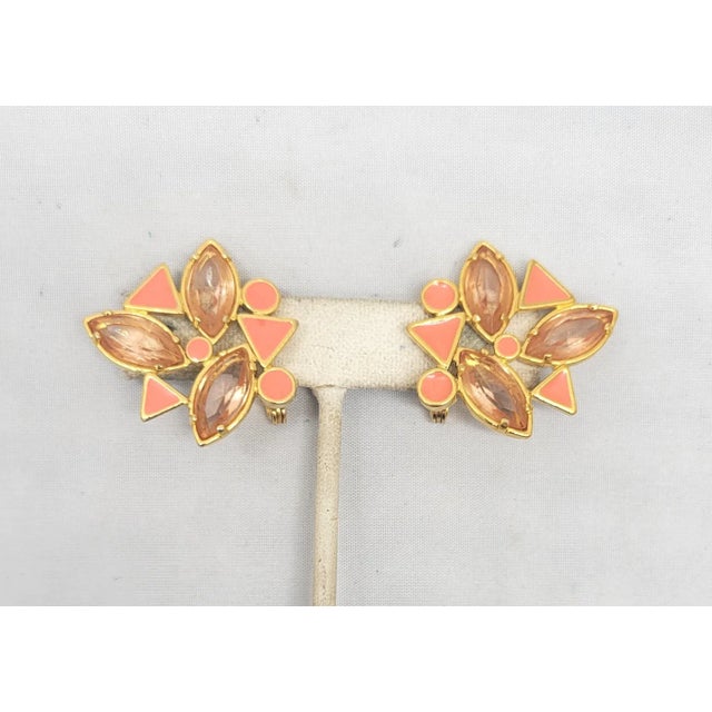 Yves Saint Laurent Vintage 1980s Signed Yves Saint Laurent Coral Enamel & Pink Rhinestones Clip Earrings - 2 Pieces For Sale - Image 4 of 9