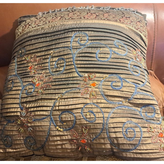 Textile 1980s Persian Style Hand Embroidered Beaded Cushion Pillow For Sale - Image 7 of 11