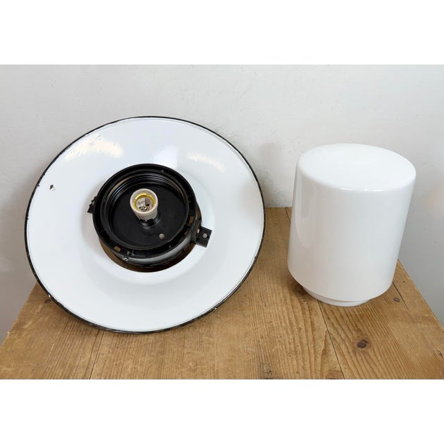 Industrial Grey Enamel, Glass, and Iron Cage Pendant Lamp from Elektrosvit, 1960s For Sale - Image 13 of 16