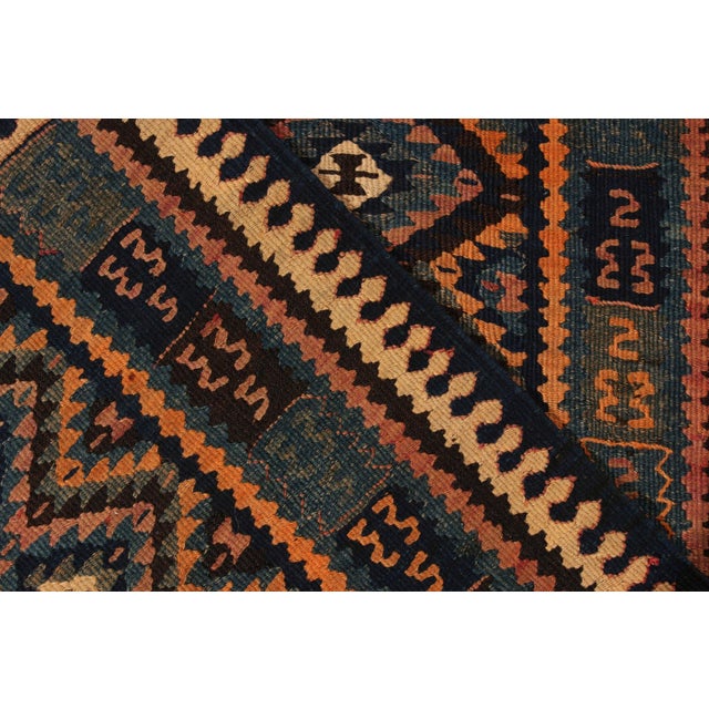 Tribal Handwoven Vintage Turkish Kilim Runner in Gold-Orange, Blue Geometric Pattern For Sale - Image 3 of 5