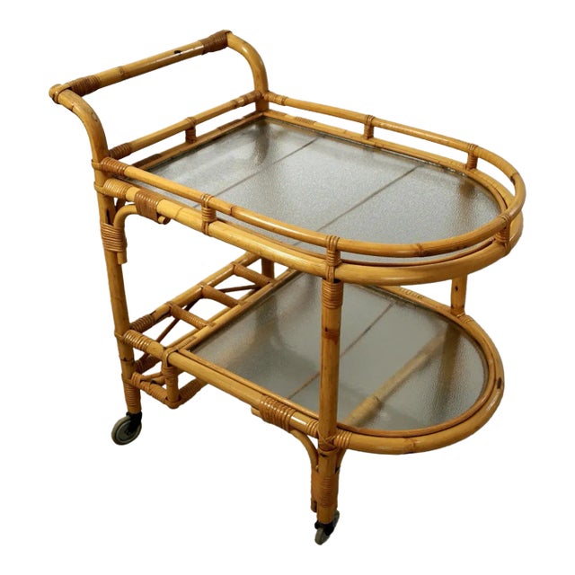 1960’s Mid-Century Modern Rattan & Glass Bar Cart For Sale