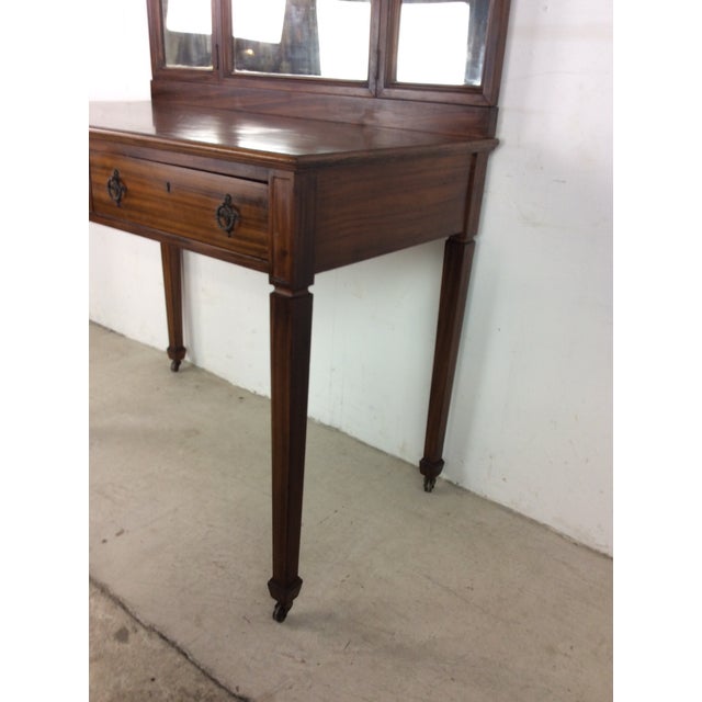 Antique Mahogany Mirrored Vanity With Locking Drawer & Caned Chair