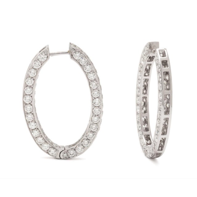 Modern 12.08 Carats Diamond Hoop Earrings, 18k White Gold, Pair For Sale - Image 3 of 4