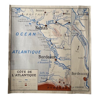 Vintage School Map of Atlantic Coast and Mediterranean Sea, 1950s For Sale