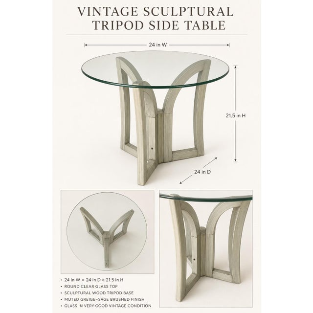 Mid-Century Modern Vintage Postmodern Sculptural Tripod Side Table With Round Glass Top For Sale - Image 3 of 3