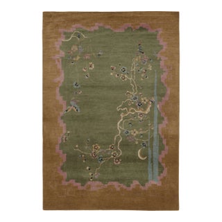 Rug & Kilim’s Chinese Art Deco Inspired Rug, Green With Cherry Blossom Florals For Sale