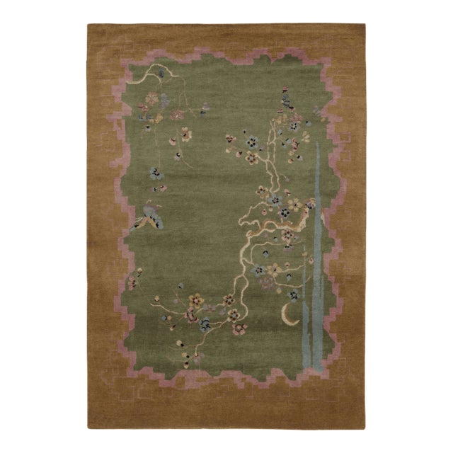 Rug & Kilim’s Chinese Art Deco Inspired Rug, Green With Cherry Blossom Florals For Sale