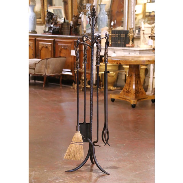 Mid 20th Century Vintage French Gothic Wrought Iron "Serviteur" Fireplace Tool Set, Five Pieces For Sale - Image 5 of 15