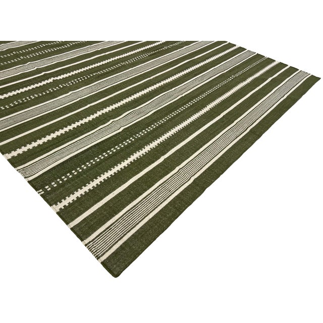 Handmade Woolen Flat Weave Rug, Olive Green and White Striped Wool Rug - 8'x10' For Sale - Image 13 of 13