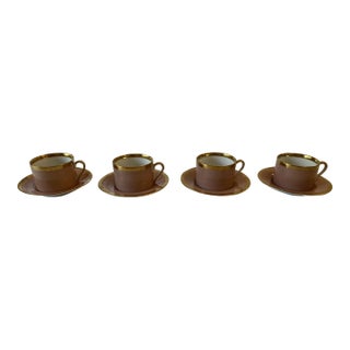 1980s Fitz and Floyd Versailles Dusty Rose Gold 4 Tea Cups and Saucers - 8 pcs For Sale
