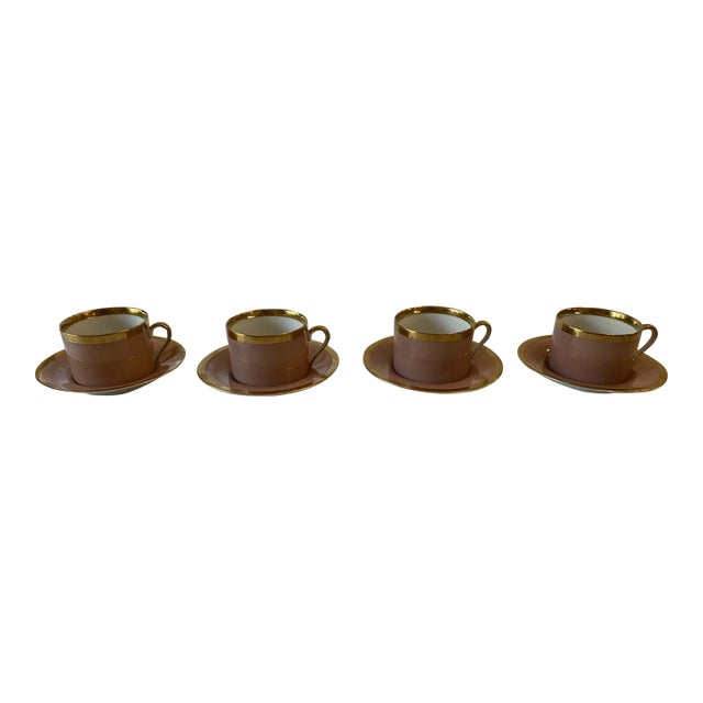 1980s Fitz and Floyd Versailles Dusty Rose Gold 4 Tea Cups and Saucers - 8 pcs For Sale