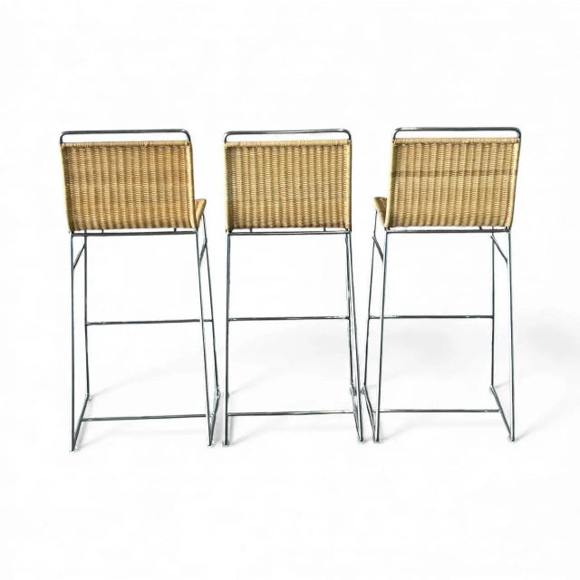 Wood Modern Rattan and Chrome Barstools, Set of Three For Sale - Image 7 of 12