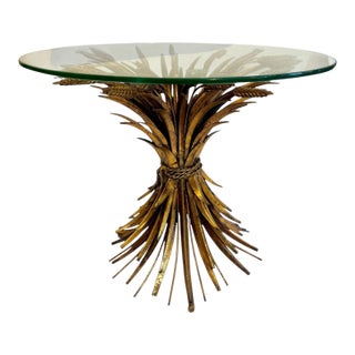 Vintage Italian Gold Tole Sheaf of Wheat Table With Glass Top For Sale