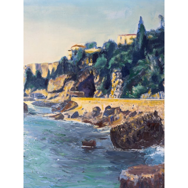 An evocative vintage oil painting on canvas depicting a sunlit coastal landscape, with rugged rocky cliffs, hillside...