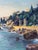 An evocative vintage oil painting on canvas depicting a sunlit coastal landscape, with rugged rocky cliffs, hillside...
