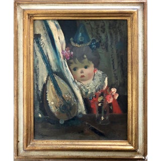 Jean Calogero, Italian Surrealist Oil Painting Jean Calogero Big Eyed Girl Doll Mandolin Flower For Sale