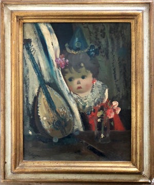 Jean Calogero, Italian Surrealist Oil Painting Jean Calogero Big Eyed Girl Doll Mandolin Flower