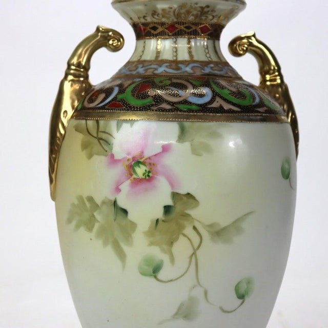 Beige Antique Nippon Hand Painted Floral Porcelain Vase Signed C1920 For Sale - Image 8 of 11
