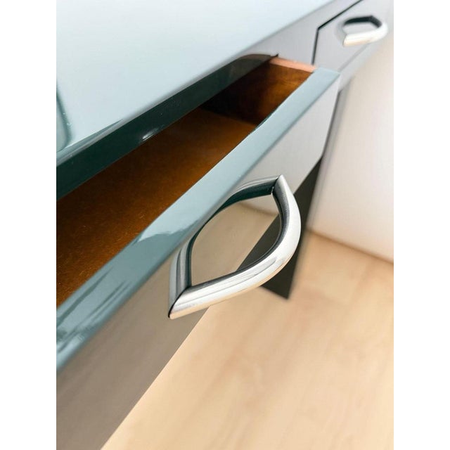 Italian Design Console in Green Lacquer, Walnut & Chrome, Italy, 1970 For Sale - Image 9 of 18