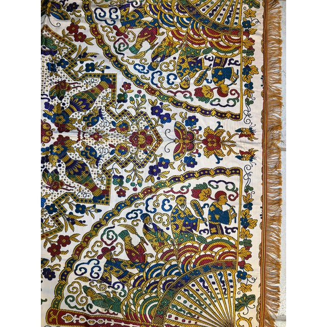 Vintage Gold Brocade Silk Blend Chinoiserie Fringe Tablecloth or Tapestry 55 X 49 For Sale - Image 9 of 17