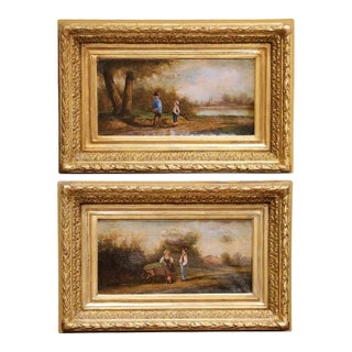 Pair of 18th Century French Pastoral Oil Paintings in Original Gilt Frames For Sale
