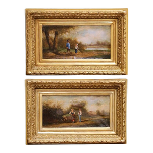 Pair of 18th Century French Pastoral Oil Paintings in Original Gilt Frames
