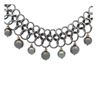 David Yurman Chainmail Necklace Tahitian Pearls 11-13mm Sterling Silver 18k Gold For Sale